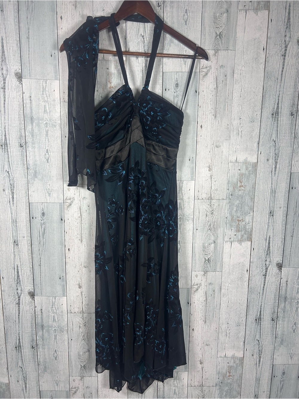 Y2K Le Château Black Teal Floral Mesh Midi Dress Scarf Ruched Goth Glam M - Picture 2 of 11